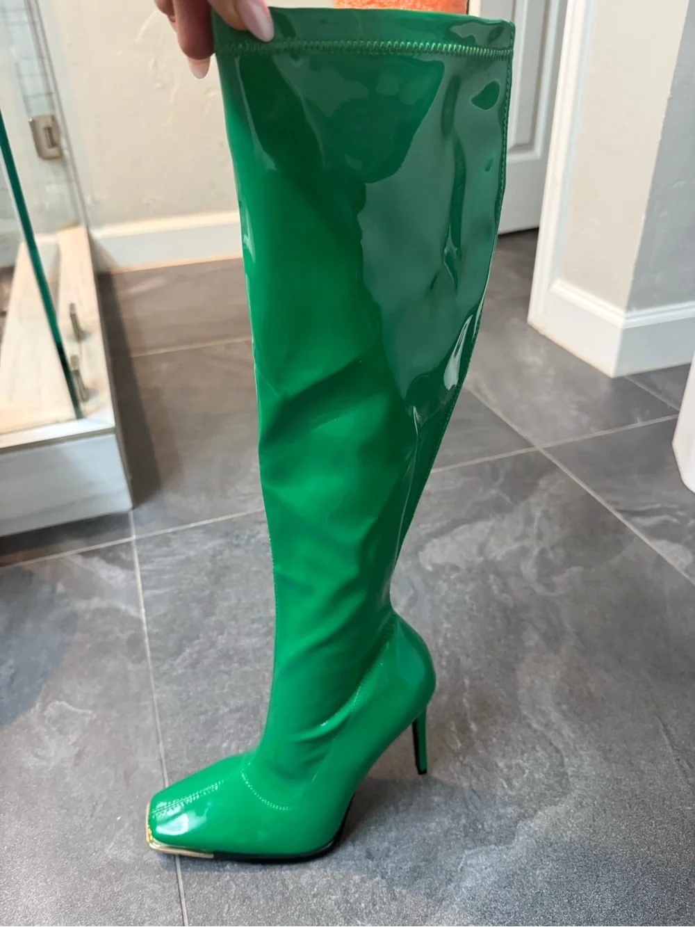 Green Patent Knee-High Stiletto Boots - Women's Fashion Boots
